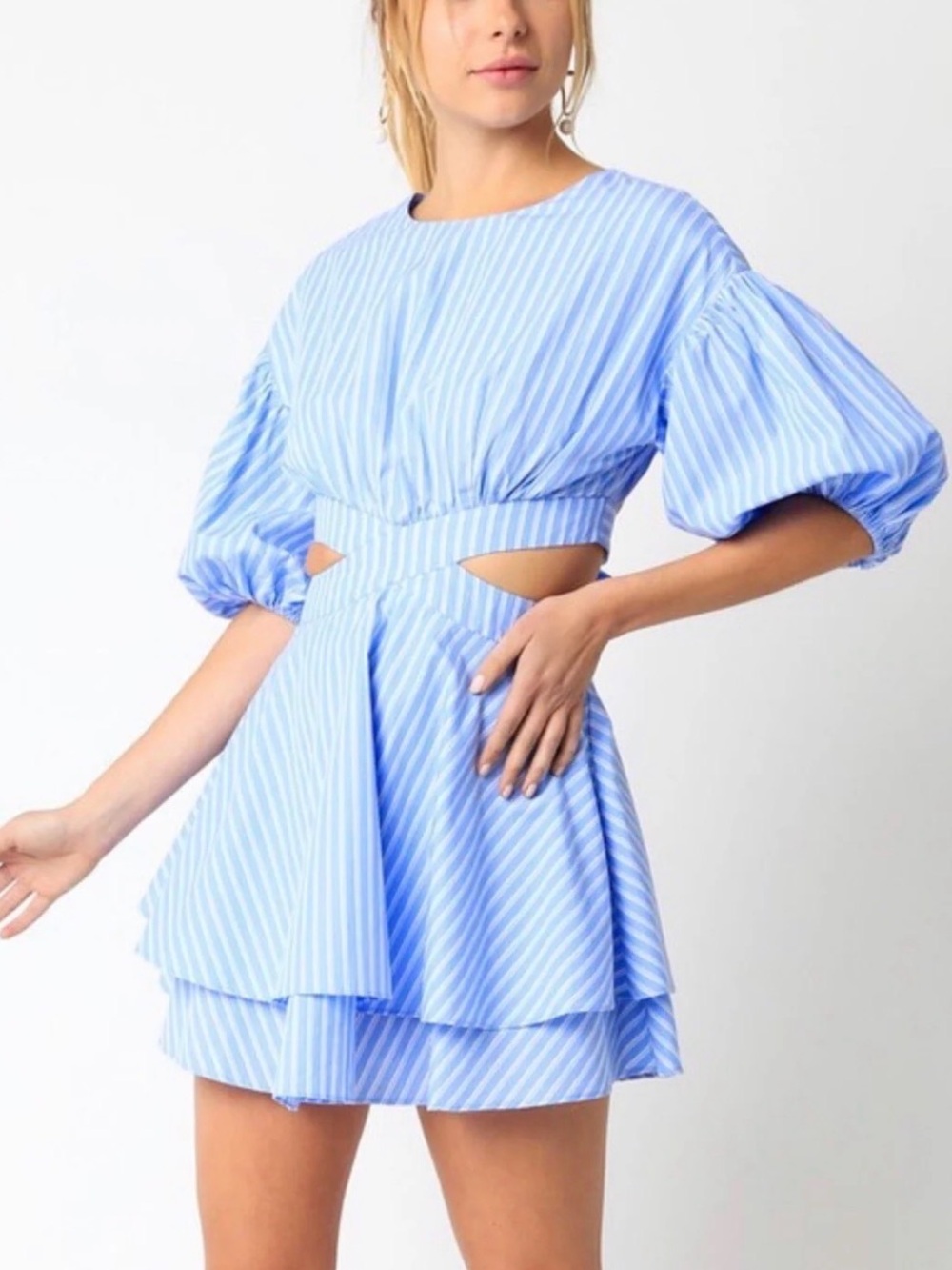 Striped Cutout Tiered Mini Dress in Light Blue and White